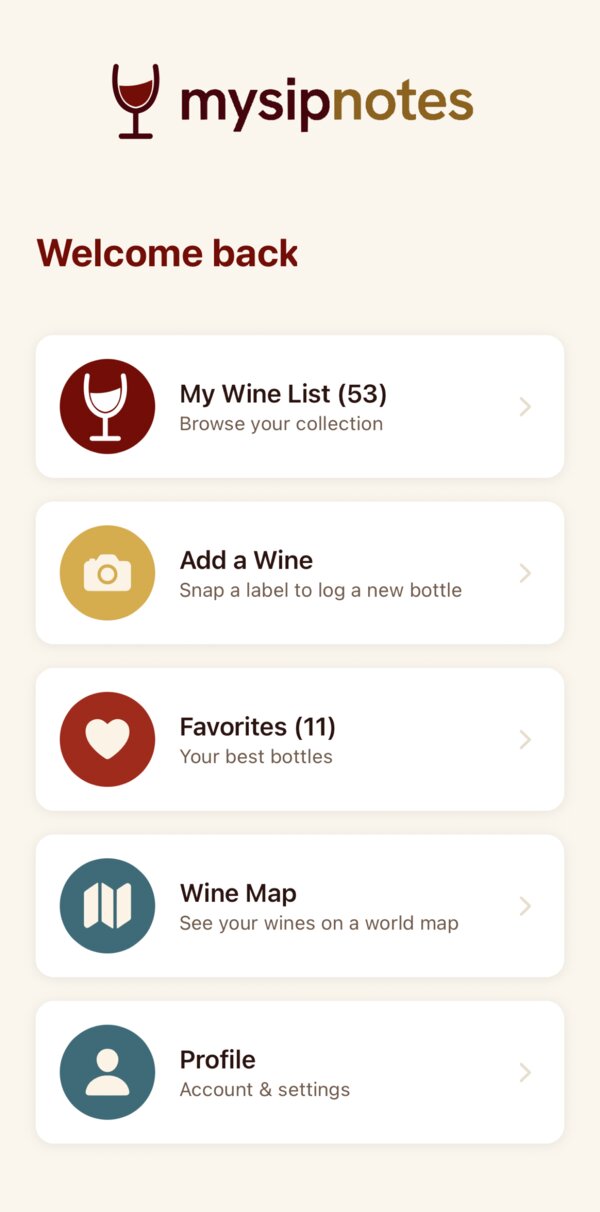 mysipnotes home screen showing My Wine List, Add a Wine, Favorites, Wine Map, and Profile